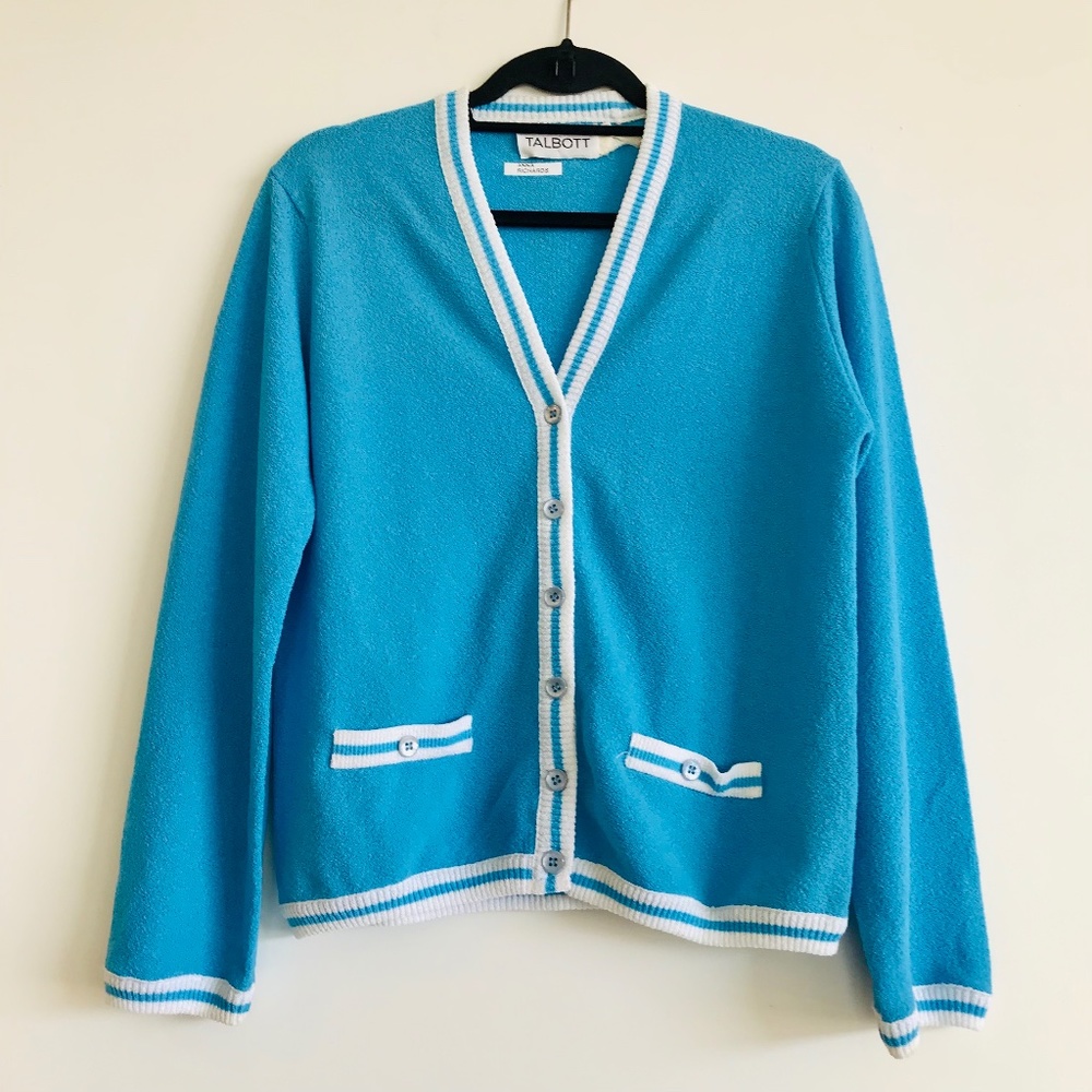 Vintage Talbott Blue/White Collegiate-Style Cardigan, Size 38